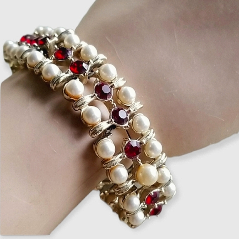 Vintage Mid Century Signed Kramer Pearl and Ruby Rhinestone Bracelet